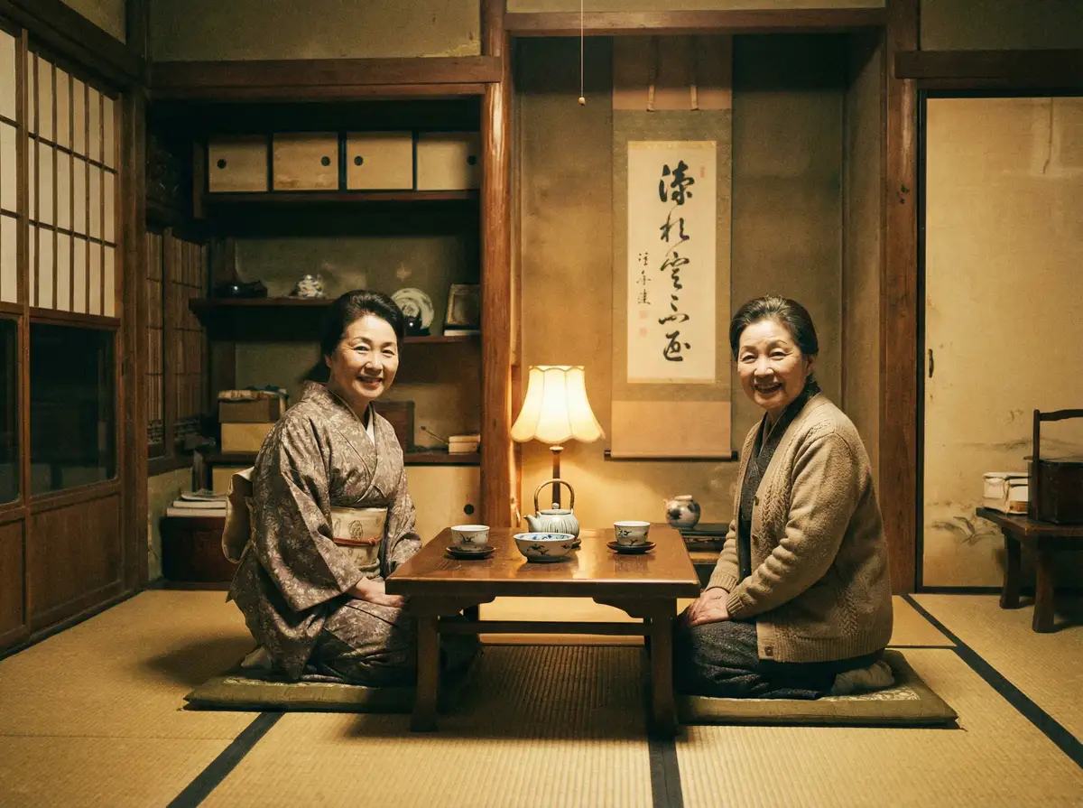 两位优雅的 扣扣传媒 在日式茶室中品茶交谈